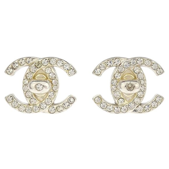 Chanel Turnlock Earrings Clip-On Silver Rhinestone 97P 196102 - Picture 1 of 4